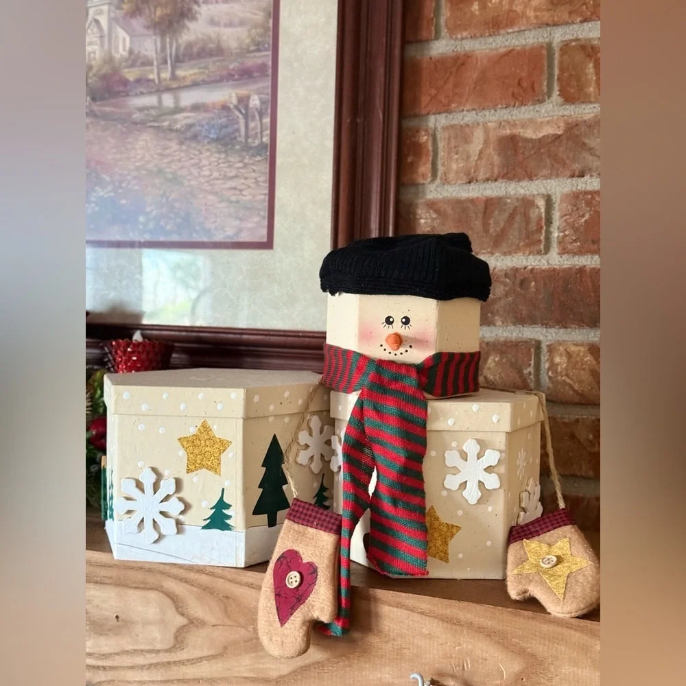Handcrafted Cream Snowman Stack Holiday Decor with Red & Green Scarf
